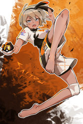 Rule 34 | 1girl, barefoot, bea (pokemon), black bodysuit, black hairband, blonde hair, bodysuit, bodysuit under clothes, bow hairband, chinese commentary, collared shirt, commentary request, creatures (company), eyelashes, full body, game freak, gloves, grey eyes, hairband, highres, holding, holding poke ball, joeychen, knee pads, looking at viewer, nintendo, open mouth, partially fingerless gloves, poke ball, pokemon, pokemon swsh, print shirt, print shorts, shirt, short hair, short sleeves, shorts, single glove, single knee pad, solo, teeth, toes, tongue, ultra ball, upper teeth only