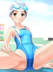 Rule 34 | 1girl, absurdres, aqua one-piece swimsuit, black eyes, black hair, blurry, breasts, collarbone, competition swimsuit, depth of field, glasses, goggles, goggles on head, highres, looking at viewer, one-piece swimsuit, original, short hair, sitting, small breasts, solo, spread legs, swim cap, swimsuit, takafumi, white headwear