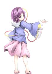 Rule 34 | 1girl, :o, bad id, bad pixiv id, blouse, from behind, headband, heart, komeiji satori, light purple hair, long sleeves, looking at viewer, looking back, lv21, no socks, open hand, outstretched arm, purple eyes, purple hair, shirt, simple background, skirt, slippers, solo, touhou, white background, wide sleeves