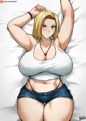 Rule 34 | 1girl, android 18, armpits, arms up, batako (batakoart), blonde hair, blue eyes, bracelet, breasts, cleavage, closed mouth, curvy, dragon ball, highleg, highleg panties, highres, huge breasts, jewelry, large breasts, looking at viewer, lying, midriff, navel, necklace, on back, panties, short shorts, shorts, solo, thick thighs, thigh gap, thighs, underwear, wide hips
