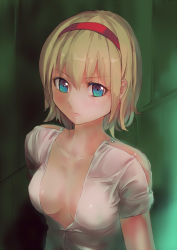 Rule 34 | 1girl, alice margatroid, blonde hair, blue eyes, breasts, collarbone, culter, female focus, hairband, hospital gown, medium breasts, no bra, shirt, solo, touhou, upper body
