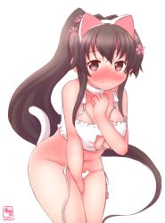 Rule 34 | 10s, 1girl, 2016, anal tail, animal ears, artist name, bare shoulders, bell, black hair, blush, bra, breasts, brown eyes, cat cutout, cat ear panties, cat ears, cat lingerie, cat tail, choker, cleavage cutout, clothing cutout, commentary request, dated, eyebrows, fake animal ears, fake tail, hand on back, hand on head, highres, kanon (kurogane knights), kantai collection, large breasts, long hair, meme attire, navel, neck bell, open mouth, panties, simple background, solo, tail, underwear, white background, yamato (kancolle)