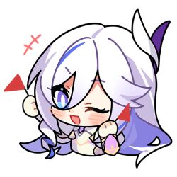 Rule 34 | +++, 1girl, blush, chibi, commentary, english commentary, flag, hair between eyes, hare (honkai impact), holding, holding flag, honkai (series), honkai impact 3rd, long hair, multicolored hair, official art, one eye closed, open mouth, red flag, streaked hair, transparent background, upper body, white hair, white headwear, white sleeves