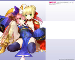 Rule 34 | 10s, 2girls, animal ears, blonde hair, breasts, dress, fate/extra, fate (series), fox ears, fox tail, green eyes, hair ribbon, japanese clothes, multiple girls, nero claudius (fate), nero claudius (fate), nero claudius (fate/extra), official art, official wallpaper, pink hair, ribbon, tail, tamamo (fate), tamamo no mae (fate/extra), thighhighs, wada arco, wallpaper, yellow eyes, zettai ryouiki