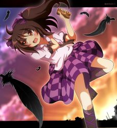 Rule 34 | 1girl, bird wings, brown hair, do (4-rt), feathers, female focus, hat, himekaidou hatate, long hair, necktie, open mouth, puffy sleeves, short sleeves, solo, tokin hat, touhou, wings, yellow eyes