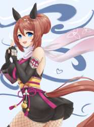 Rule 34 | 1girl, animal ears, bare shoulders, black gloves, blue eyes, breasts, brown hair, clothing cutout, commentary request, ear covers, elbow gloves, fingerless gloves, gloves, hair between eyes, highres, horse ears, horse girl, horse tail, kemuri (etep3372), large breasts, long hair, looking at viewer, ninja, official alternate costume, official alternate hairstyle, open mouth, scarf, smile, solo, super creek (umamusume), tail, tail through clothes, umamusume, white scarf