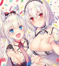 Rule 34 | 2girls, american flag neckwear, animal ear fluff, animal ears, azur lane, blue eyes, blush, breasts, cat ears, choker, cleavage, closed mouth, commentary request, fang, frilled choker, frilled sleeves, frills, hair between eyes, hairband, hammann (azur lane), highres, holding hands, large breasts, long hair, maid, maid headdress, multiple girls, nakazawa aki, necktie, open mouth, red eyes, ribbon choker, short hair, short sleeves, sidelocks, sirius (azur lane), skin fang, small breasts, smile, two side up, v, white hair