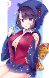 Rule 34 | 1girl, bow, breasts, brown hair, checkered bow, checkered clothes, cleavage, collarbone, commentary request, fate/grand order, fate (series), fingernails, hair between eyes, hands up, highres, hood, hood up, hooded jacket, jacket, katsushika hokusai (fate), ko yu, long sleeves, looking at viewer, medium breasts, no bra, parted lips, purple eyes, red jacket, sitting, sleeves past wrists, smile, solo, tokitarou (fate), wide sleeves