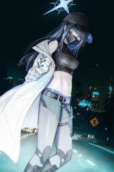 Rule 34 | 1girl, absurdres, baseball cap, belt, black belt, black hat, black pants, blue archive, blue hair, blue halo, breasts, city lights, cityscape, coat, commentary, flippy (cripine111), halo, halterneck, hat, highres, large breasts, long hair, long sleeves, looking at viewer, mask, midriff, mouth mask, navel, night, night sky, off shoulder, outdoors, pants, photo background, road sign, saori (blue archive), sign, sky, solo, stomach, white coat