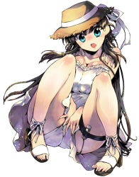 Rule 34 | 1girl, ankle ribbon, black hair, blue eyes, blush, breasts, cleavage, dress, full body, hat, james hotate, large breasts, leg ribbon, legs, long hair, ribbon, sandals, sex toy, simple background, solo, sundress, thigh strap, very long hair, vibrator, white background