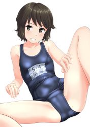 Rule 34 | 1girl, absurdres, black hair, black one-piece swimsuit, breasts, brown eyes, brown hair, commentary request, commission, feet out of frame, grin, highres, kantai collection, looking at viewer, miyuki (kancolle), name tag, old school swimsuit, one-piece swimsuit, school swimsuit, short hair, simple background, small breasts, smile, solo, spread legs, swimsuit, takafumi, wavy hair, white background