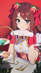 Rule 34 | 1boy, blurry, blurry foreground, blush, bob p, brown hair, corset, depth of field, dress, food, food-themed hair ornament, fork, gloves, green eyes, hair ornament, happy, highres, idolmaster, idolmaster side-m, interlocked fingers, looking at viewer, macaron, male focus, mizushima saki, own hands together, pinafore dress, puffy short sleeves, puffy sleeves, short sleeves, sleeveless dress, smile, solo, spoon, strawberry hair ornament, trap, twintails, upper body, white gloves