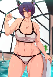 Rule 34 | 10s, 1girl, abs, belly, blush, breasts, cleavage, curvy, eyepatch, female focus, headgear, highres, kantai collection, large breasts, looking at viewer, muscular, navel, parted lips, pool, purple hair, rei no pool, sekiyu (spartan), short hair, smile, solo, standing, swimsuit, tenryuu (kancolle), thick thighs, thighs, toned, wide hips, yellow eyes