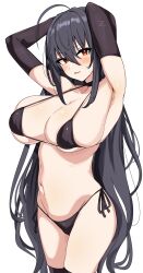 1girl absurdres armpits arms_behind_head arms_up azur_lane bare_shoulders bikini black_bikini black_gloves black_hair black_thighhighs blush breasts choker cleavage collarbone crossed_bangs elbow_gloves gloves highres large_breasts long_hair looking_at_viewer navel one_side_up open_mouth red_eyes seihekiog smile solo swimsuit taihou_(azur_lane) thighhighs thighs very_long_hair