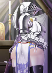 Rule 34 | 1girl, armor, ass, ayato, black thighhighs, blue eyes, blush, bow legwear, candle, candlestand, female knight, gauntlets, helmet, highres, huge ass, knight, looking at viewer, original, pelvic curtain, red hair, sheath, sheathed, skindentation, solo, sword, thick thighs, thighhighs, thighs, weapon