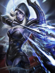 Rule 34 | 1girl, aiming, aiming at viewer, armored leotard, arrow (projectile), blue cape, blue eyes, blue skin, bow (weapon), breasts, cape, cleavage, colored skin, dota (series), dota 2, drow ranger (dota), facepaint, full moon, gauntlets, highres, holding, holding arrow, holding bow (weapon), holding weapon, kingyoyo, lips, long hair, moon, night, night sky, open mouth, outdoors, sky, solo, weapon, white hair