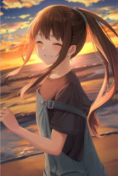 Rule 34 | 1girl, absurdres, beach, black hair, blurry, blurry background, blush, closed eyes, cloud, cloudy sky, collarbone, commentary request, cowboy shot, from side, fujizarashi, highres, horizon, inoue takina, long hair, lycoris recoil, ocean, off shoulder, orange sky, ponytail, shirt, short sleeves, sidelocks, sky, smile, solo, sunset, teeth