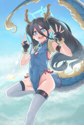 Rule 34 | 1girl, absurdly long hair, absurdres, alternate hairstyle, aris (blue archive), black gloves, black hair, blue archive, blue dress, blue eyes, blue halo, blue nails, breasts, china dress, chinese clothes, covered navel, dragon horns, dragon tail, dress, earrings, fingerless gloves, fingernails, gloves, grey thighhighs, groin, halo, ham5849, highres, horns, jewelry, long hair, looking at viewer, nail polish, open mouth, pointy ears, small breasts, smile, solo, tail, thighhighs, twintails, very long hair