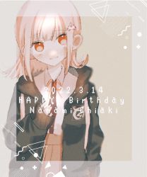 Rule 34 | 1girl, black jacket, brown background, brown eyes, brown skirt, character name, dated, galaga, hair ornament, happy birthday, highres, hood, hood down, jacket, long sleeves, looking at viewer, nanami chiaki, neck ribbon, open clothes, open jacket, pleated skirt, red ribbon, ribbon, skirt, sleeves past wrists, smile, solo, wata (a hha0)