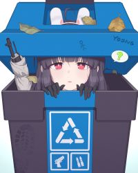 Rule 34 | 1girl, ?, absurdres, ahoge, animal ears, arrow (symbol), artist name, black gloves, black hair, blue archive, fake animal ears, gloves, gun, hairband, highres, in container, leaf, long hair, looking at viewer, miyu (blue archive), parted lips, recycling symbol, red eyes, rifle, solo, spoken question mark, twig, weapon, y0ung