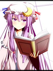 Rule 34 | 1girl, blush, book, capelet, coat, crescent, dress, ehimedaisuki, female focus, hat, highres, jitome, letterboxed, long hair, long sleeves, looking at viewer, open clothes, open coat, patchouli knowledge, purple eyes, purple hair, solo, striped clothes, striped dress, touhou, very long hair, warabi mochi (ehimedaisuki), wide sleeves