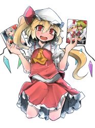 Rule 34 | 3girls, absurdres, ascot, blonde hair, blush, breasts, collared shirt, fang, flandre scarlet, flanvia, frilled shirt collar, frilled skirt, frills, hair between eyes, hat, head tilt, heart, highres, holding, holding manga, konpaku youmu, long hair, manga (object), mob cap, multicolored wings, multiple girls, one side up, open mouth, puffy short sleeves, puffy sleeves, red eyes, red skirt, red vest, rumia, shirt, short sleeves, simple background, skirt, small breasts, solo focus, touhou, vest, white background, white headwear, white shirt, wings, yellow ascot