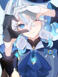 Rule 34 | 1girl, 7go t, asymmetrical gloves, black gloves, blue background, blue bow, blue hair, bow, closed mouth, drop-shaped pupils, furina (genshin impact), genshin impact, gloves, hair between eyes, half gloves, hands up, heart, heart hands, highres, long sleeves, looking at viewer, multicolored hair, one eye closed, short hair, simple background, smile, solo, symbol-shaped pupils, upper body, white gloves, white hair
