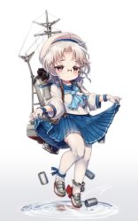 Rule 34 | 1girl, blue neckerchief, blue sailor collar, blue skirt, blush, brown eyes, clothes lift, commentary request, depth charge, full body, gloves, grey footwear, hat, hirato (kancolle), kantai collection, lifted by self, n:go, neckerchief, pleated skirt, rudder footwear, sailor collar, sailor hat, school uniform, serafuku, short hair, silver hair, simple background, skirt, skirt lift, smile, solo, thighhighs, white background, white gloves, white thighhighs