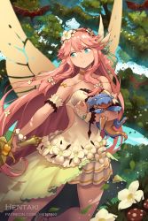 Rule 34 | 1girl, artist name, bare shoulders, blue eyes, breasts, brown wings, commentary, day, dragalia lost, dragon, dress, english commentary, flower, hair between eyes, hentaki, highres, holding, holding sword, holding weapon, long hair, looking away, looking to the side, notte (dragalia lost), hugging object, outdoors, parted lips, pink hair, pleated dress, small breasts, strapless, strapless dress, sword, v-shaped eyebrows, very long hair, watermark, weapon, web address, white dress, white flower, wings