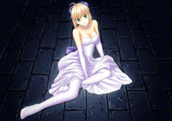 Rule 34 | 1girl, ahoge, arm support, artoria pendragon (all), artoria pendragon (fate), bare shoulders, blonde hair, blue bow, bow, breasts, brick floor, choker, cleavage, dress, elbow gloves, fate/stay night, fate (series), female focus, formal, from above, full body, gloves, green eyes, hair bow, hair ribbon, head tilt, high heels, long legs, looking at viewer, medium breasts, official alternate costume, on floor, poplar, ribbon, saber (fate), short hair, sitting, smile, solo, strapless, strapless dress, thighhighs, type-moon, white choker, white dress, white gloves, white high heels, white thighhighs, yokozuwari
