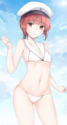 Rule 34 | 1girl, alternate costume, bikini, blue sky, blush, breasts, brown eyes, brown hair, closed mouth, cloud, collarbone, cowboy shot, day, groin, hands up, hat, highres, jenson tw, kantai collection, light particles, looking at viewer, navel, outdoors, sailor bikini, sailor collar, sailor hat, short hair, side-tie bikini bottom, skindentation, sky, small breasts, solo, stomach, swimsuit, thighs, white bikini, white hat, z3 max schultz (kancolle)
