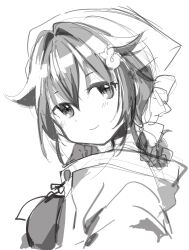 Rule 34 | 1girl, bandana, braid, commentary request, greyscale, hair flaps, hair ornament, hairclip, highres, jingei (kancolle), kantai collection, kirisawa juuzou, long hair, looking at viewer, low ponytail, monochrome, portrait, shawl, single braid, smile, solo, upper body