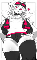 Rule 34 | 1girl, :3, :d, absurdres, bandeau, breasts, choker, cowboy shot, cropped jacket, crossed bangs, goggles, goggles on head, hair between eyes, hands on own hips, head tilt, heart, highres, jacket, long sleeves, looking at viewer, medium breasts, medium hair, micro shorts, navel, niwamaru (niwarhythm), niwarhythm, open clothes, open jacket, open mouth, original, red eyes, short shorts, shorts, smile, solo, standing, stomach, thighhighs, underboob