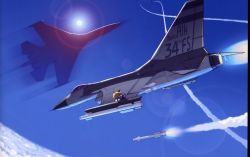 Rule 34 | 00s, aerial battle, afterburner, aircraft, airplane, animal ears, battle, blonde hair, cat ears, cloud, contrail, day, english text, engrish text, f-16, fate/stay night, fate (series), fighter jet, flying, highres, jet, lens flare, military, military vehicle, missile, motion blur, neco-arc, no humans, ranguage, red eyes, riding, sky, sun, tsukihime, vehicle focus