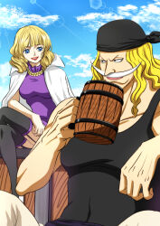 Rule 34 | 1boy, 1girl, aged down, bandana, black bandana, black eyes, black tank top, blonde hair, blue eyes, blunt bangs, buckingham stussy, cloud, cloudy sky, commentary request, cup, edward newgate, facial hair, highres, holding, holding cup, lips, lipstick, long hair, makeup, musasabiop, mustache, one piece, open mouth, outdoors, red lips, short hair, sky, sleeveless, smile, tank top