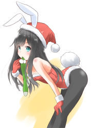 Rule 34 | 1girl, absurdres, animal ears, asashio (kancolle), black hair, black pantyhose, blue eyes, cowboy shot, fake animal ears, fur-trimmed gloves, fur-trimmed headwear, fur-trimmed leotard, fur trim, gloves, hat, highres, kantai collection, leotard, long hair, looking at viewer, mouth hold, one-hour drawing challenge, pantyhose, playboy bunny, rabbit ears, rabbit tail, red gloves, red hat, red leotard, santa hat, single sock, socks, solo, standing, strapless, strapless leotard, tail, taisinkoku, white background
