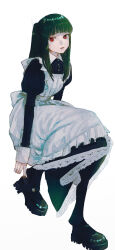 1girl apron black_dress breasts byakugun canvas_texture commentary dress frilled_apron frills green_hair highres invisible_chair lace lace-trimmed_dress lace_trim long_dress long_hair long_sleeves looking_to_the_side maid maid_apron one_side_up original parted_lips putting_on_footwear red_eyes simple_background sitting sleeves_past_wrists small_breasts solo white_background wing_collar