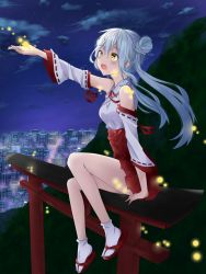 Rule 34 | 1girl, blush, bug, detached sleeves, firefly, from side, highres, insect, iumi urura, japanese clothes, long hair, looking away, miko, night, night sky, open mouth, original, sandals, sitting, sky, smile, solo, tabi, torii, twintails, white hair, white legwear, yellow eyes