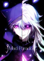 Rule 34 | 2boys, add (elsword), animal hood, black jacket, black sclera, character name, closed mouth, colored sclera, commentary, dual persona, elsword, english commentary, fractalmagnolia, grin, hair between eyes, hood, hood up, jacket, long hair, looking at viewer, mad paradox (elsword), male focus, multiple boys, pink eyes, simple background, smile, upper body, white hair