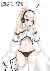 Rule 34 | 1girl, ayanami (azur lane), ayanami (niconico) (azur lane), azur lane, black panties, blush, body pillow, brown eyes, clothes lift, collarbone, commentary, hair ornament, hairclip, headphones, highres, lifted by self, looking at viewer, navel, niconico, panties, pillow, ponytail, shirt lift, simple background, solo, thighhighs, underwear, white background