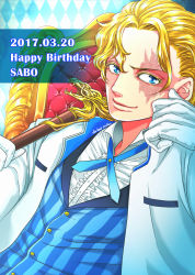 Rule 34 | 1boy, argyle, argyle background, argyle clothes, armchair, blonde hair, blue eyes, blue ribbon, blue vest, buttons, cane, chair, character name, closed mouth, collar, collared shirt, danbat miho, dated, formal, gloves, hand on own cheek, hand on own face, happy birthday, highres, holding, holding cane, jacket, looking at viewer, male focus, neck ribbon, one piece, open clothes, open jacket, ribbon, sabo (one piece), scar, shirt, short hair, smile, solo, striped clothes, striped vest, suit, upper body, vest, white gloves, white jacket, white shirt