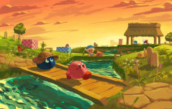 Rule 34 | bobo (kirby), bridge, bug, butterfly, cattail, chip (kirby), closed eyes, dot mouth, gooey (kirby), gordo, hat, highres, insect, kirby, kirby (series), lalala (kirby), lololo (kirby), looking up, nintendo, outdoors, plant, poppy bros jr, river, scarfy, smile, star (symbol), sun hat, sunset, suyasuyabi, tree