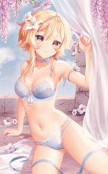 Rule 34 | 1girl, arm strap, arm support, arm up, armpits, bare shoulders, blonde hair, bra, breasts, choker, closed mouth, flower, genshin impact, hair flower, hair ornament, highres, looking at viewer, lumine (genshin impact), medium breasts, multi-strapped panties, navel, panties, red eyes, ribbon, rimuu, short hair with long locks, sitting, smile, solo, stomach, thighs, underwear, underwear only, white bra, white choker, white panties, wisteria