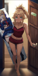 Rule 34 | 1girl, alternate costume, artoria pendragon (all), artoria pendragon (fate), blonde hair, blue eyes, blush, breasts, camisole, dakimakura (object), doorway, expressionless, fate/apocrypha, fate (series), female focus, full body, gluteal fold, groin, highres, implied incest, implied yuri, lipstick mark, looking at viewer, midriff, mordred (fate), mother and daughter, navel, no pants, panties, pillow, ponytail, pov doorway, red camisole, red panties, red scrunchie, saber (fate), scrunchie, shirt, short shorts, shorts, small breasts, solo, striped, tonee, underwear