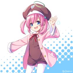 Rule 34 | arm up, blue eyes, brown hat, dennou tenshi djibril, hair bobbles, hair ornament, halo, hat, highres, jacket, long hair, luvriel, momojiri aya, open mouth, overall shorts, overalls, pantyhose, pink hair, pink jacket, sleeves past wrists, smile, solo, twintails, white pantyhose