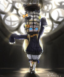 Rule 34 | 1girl, abigail williams (fate), arm up, backlighting, black bow, black dress, black footwear, black hat, blonde hair, bloodborne, bloomers, blue eyes, bow, bug, butterfly, cage, covered mouth, dated, dress, fate/grand order, fate (series), glowing, glowing eyes, hair bow, hat, highres, hugging object, insect, long hair, long sleeves, looking at viewer, neon-tetora, orange bow, outstretched arm, parted bangs, polka dot, polka dot bow, shoes, signature, sleeves past fingers, sleeves past wrists, solo, standing, standing on one leg, stuffed animal, stuffed toy, teddy bear, trait connection, underwear, very long hair, white bloomers