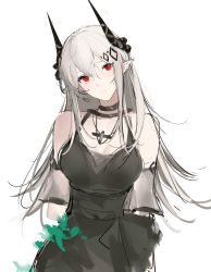 Rule 34 | 1girl, absurdres, arknights, arms behind back, bare shoulders, black dress, breasts, cleavage, closed mouth, cowboy shot, detached sleeves, dress, grey hair, hair ornament, head tilt, highres, horns, jewelry, joshua (shisanli934), large breasts, long hair, looking at viewer, mudrock (obsidian) (arknights), necklace, official alternate costume, pointy ears, red eyes, see-through, short sleeves, simple background, solo, white background