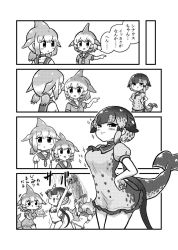 Rule 34 | &gt; &lt;, 3girls, adapted costume, anchor symbol, bare shoulders, bikini, blowhole, blush, bow, cetacean tail, chinese white dolphin (kemono friends), choker, comic, common bottlenose dolphin (kemono friends), dorsal fin, dress, fins, fish tail, food, frilled dress, frills, greyscale, hair bow, highres, japari bun, kemono friends, kotobuki (tiny life), midriff, monochrome, multiple girls, narwhal (kemono friends), navel, neckerchief, necktie, puffy short sleeves, puffy sleeves, sailor collar, sailor dress, short hair, short hair with long locks, short sleeves, short twintails, sleeveless, sparkle, sweat, swimsuit, tail, translation request, twintails, undressing