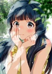 Rule 34 | 1girl, bare shoulders, blue hair, blurry, blurry foreground, blush, brown eyes, closed mouth, day, frilled shirt, frills, hands on own face, highres, idolmaster, idolmaster million live!, idolmaster million live! theater days, kitakami reika, long hair, looking at viewer, low twintails, okouka (gyunyutabetai), shirt, sleeveless, sleeveless shirt, solo, sunlight, tree, twintails, very long hair, yellow shirt