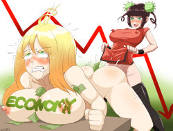Rule 34 | 1futa, 1girl, ahoge, arrow (symbol), ass, banknote, between breasts, between buttocks, black hair, blonde hair, blush, body writing, bottle, breasts, brown hair, china dress, chinese clothes, cleavage, clenched teeth, clothes lift, corona-chan, coronavirus, coronavirus hair ornament, coronavirus pandemic, covered erect nipples, doggystyle, dollar sign, dress, dress lift, economy, from behind, futa with female, futanari, green background, green eyes, highres, large breasts, lifting own clothes, long hair, money, motion lines, nipples, nude, saliva, sex, sex from behind, short sleeves, simple background, skindentation, taut clothes, taut dress, teeth, thighhighs, torogao, truth, veiled616, white background